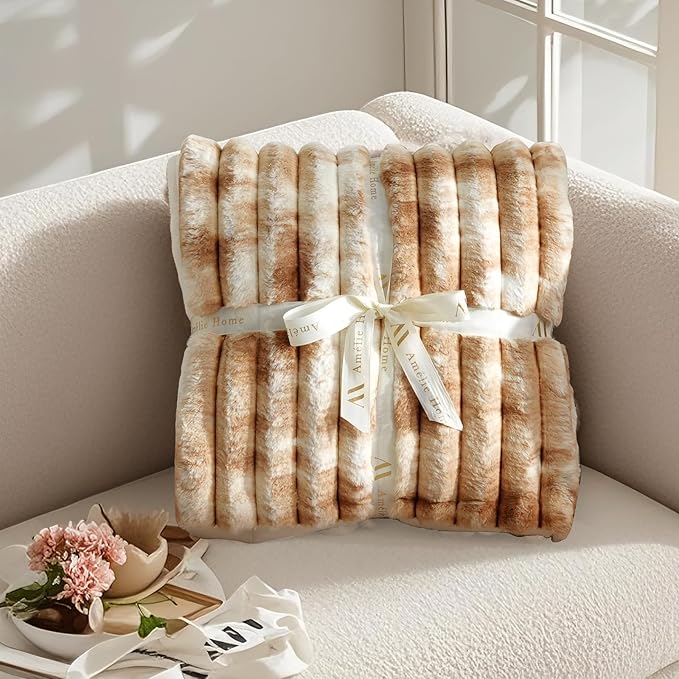 Amélie Home Faux Fur Throw Blanket for Couch, Cozy Fuzzy Fluffy Fur Luxurious Soft Striped Plush Gift Blankets for Family Sofa Chair Bed Living Room Bedroom, 55"x70", Tie-dye Khaki