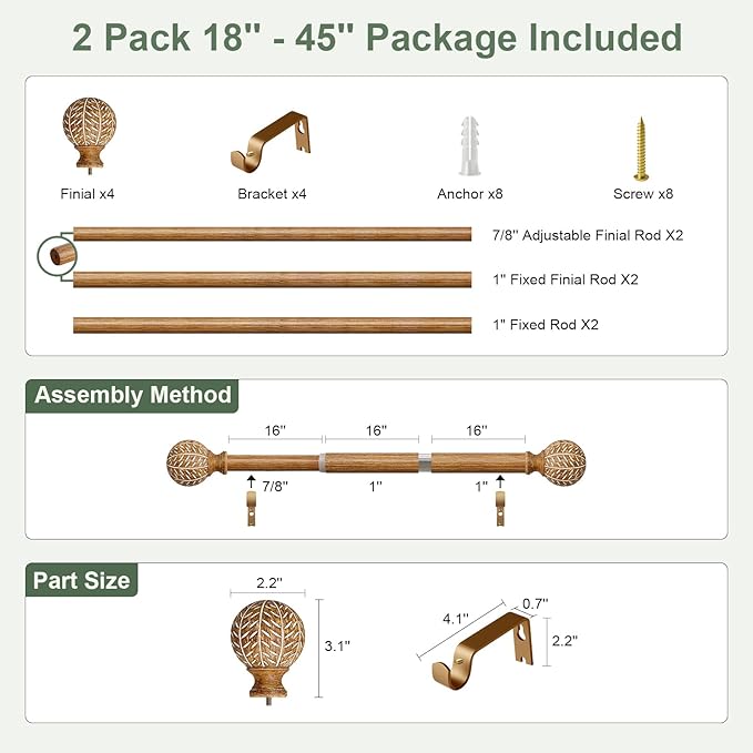 2 Pack Wood Curtain Rods for Windows,1'' Diameter Drapery Rods with Imitation Wood Grain Leaf Pattern Finials,Boho Adjustable Heavy Duty Curtain Rods Set,18-45'',Color:Natural Wood