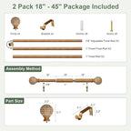 2 Pack Wood Curtain Rods for Windows,1'' Diameter Drapery Rods with Imitation Wood Grain Leaf Pattern Finials,Boho Adjustable Heavy Duty Curtain Rods Set,18-45'',Color:Natural Wood