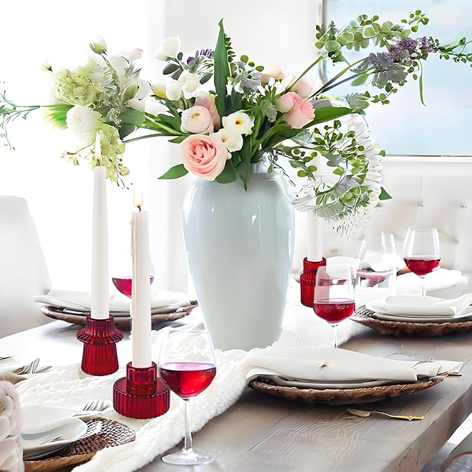 Double Sided Vintage Ribbed Taper Glass Candle Holders,Tea Candle Holder for Table Centerpieces, Wedding Decorations and Dinner Parties (Red, 6 PCS)