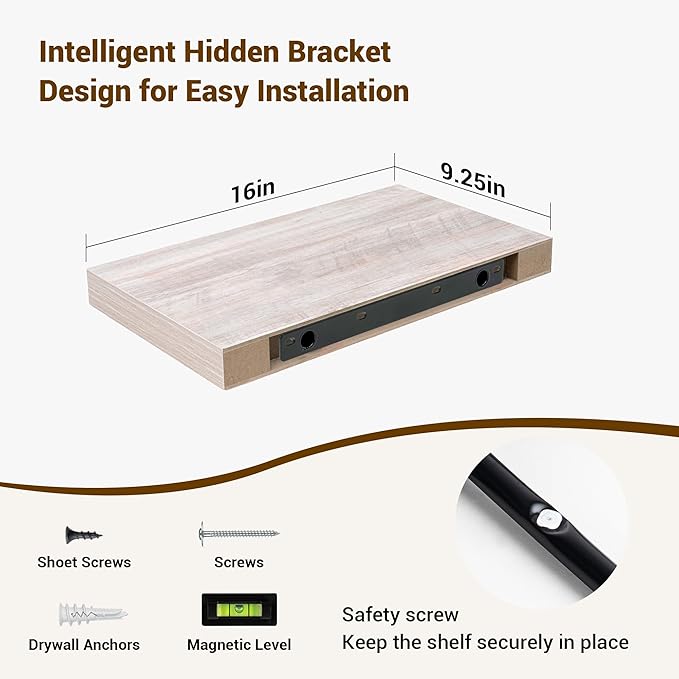 16 Inch Floating Shelves, 3D Textured Wood Grain, 16"x9.25"x1.5" Inch Deep Floating Shelves for Wall, Wooden Shelves for Bathroom, Bedroom, Living Room, Washed White, 2 Pieces