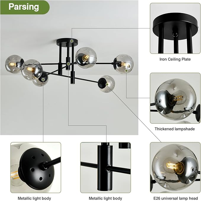 SZXYKEJI 6-Lights Glass Globe Sputnik Chandelier Modern Flush Mount Ceiling Light Fixture Black Farmhouse Lighting for Dining Room Living Room Bedroom Kitchen Passageway.