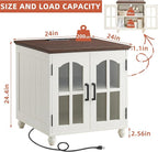 Farmhouse End Table Set of 2 with Charging Station, 18'' Narrow Side Table and 24" Large Sofa Side Table with Glass Barn Door Storage, Wood Night Stand Bedside Table for Living Room,Bedroom