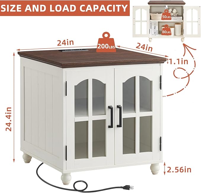 Farmhouse End Table Set of 3 with Charging Station, 18'' Narrow Side Table and 24" Large Sofa Side Table with Glass Barn Door Storage, Wood Night Stand Bedside Table for Living Room,Bedroom