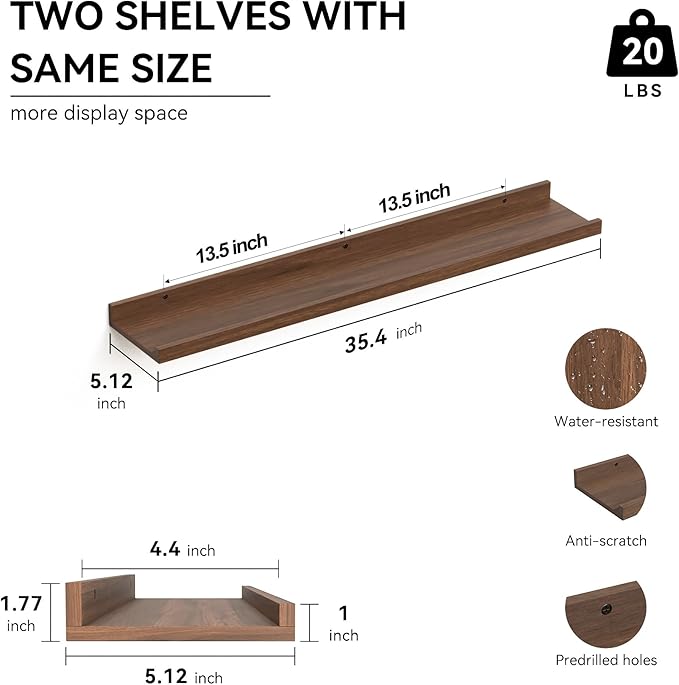 35.3 Inches Long Floating Shelves Wall Mounted, 2 Set Farmhouse Wall Shelf for Bedroom, Nursery Book Shelf with Lip, Picture Ledge Shelf for Decor Living Room Bathroom Kitchen - Walnut