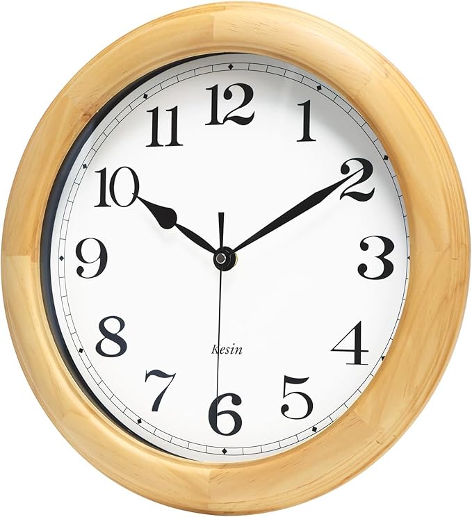 Kesin Wooden Wall Clocks 14 Inch Silent Wall Clock Large Decorative Battery Operated Non Ticking Analog Modern Clock for Living Room Kitchen Bedroom, Natural Grain