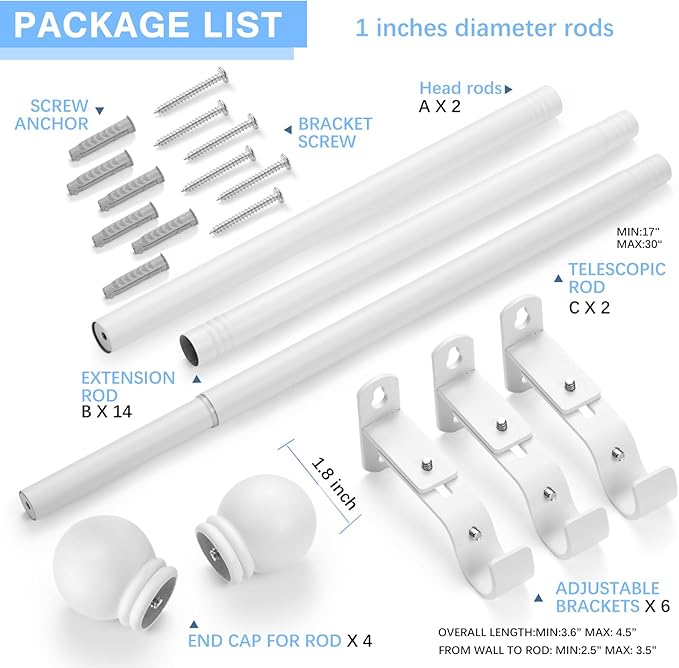 Curtain Rods for Windows 16 to 136 Inches, Curtain Rod Max Adjustable Length of 144 IN, 1" Diameter Drapery Rods Round Finials, White, Pack of 2