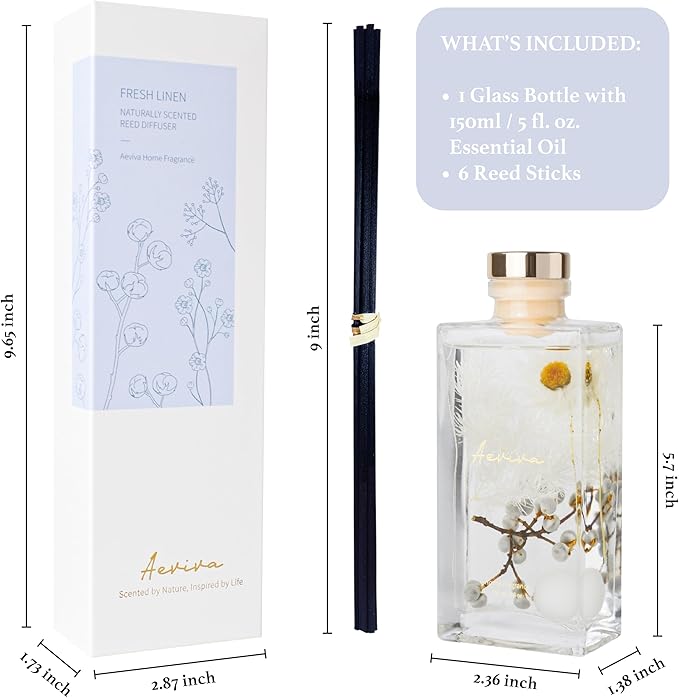 Flower Reed Diffuser Set, 5 oz Fresh Linen Scent Diffuser with Sticks, Home Fragrance Scented Oil Reed Diffusers for Home, Bathroom, Decor & Gift