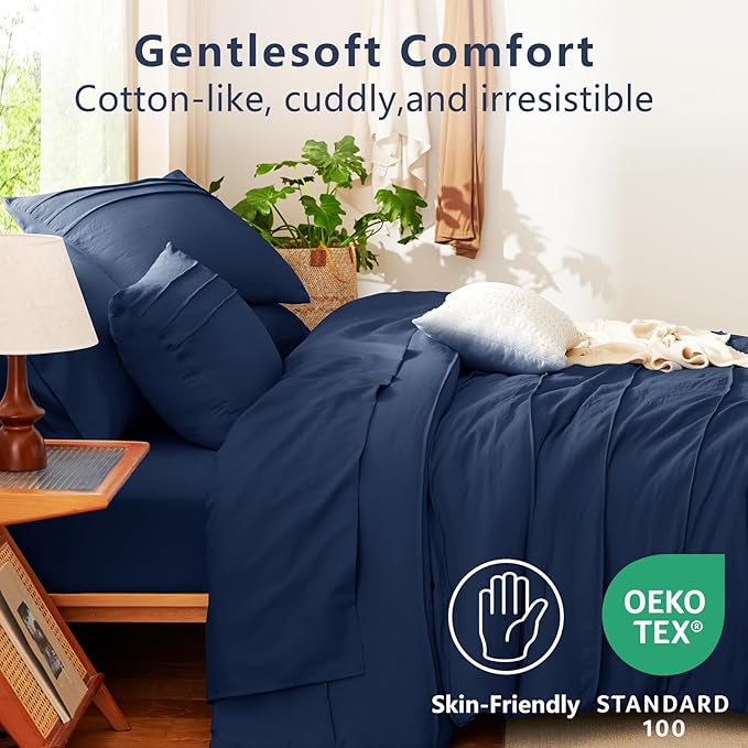 CozyLux King Size Comforter Set Navy Blue, 7 Pieces Soft Pinch Pleat Bed in a Bag King Comforter Set with Sheets, Boho Bed Set with Down Alternative Comforter, Sheets, Pillowcases & Shams