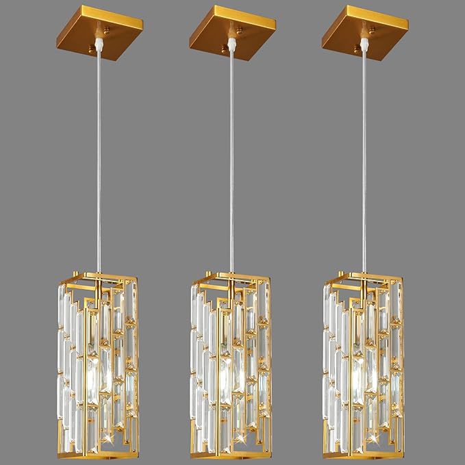 Gold Pendant Lighting Modern Pendant Light, Mini Crystal Chandeliers,Adjustable Pendant Light Fixture for Kitchen Island Dinning Room Bedroom (3 Pack)
