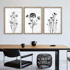 Flower Plant Wall Art Decor 16"x11" Set of 3 Black And White Botanical Painting Wood Framed For Minimalist Bedroom Office Rustic Living Room Abstract Wildflower Sign Hanging (Wood White)