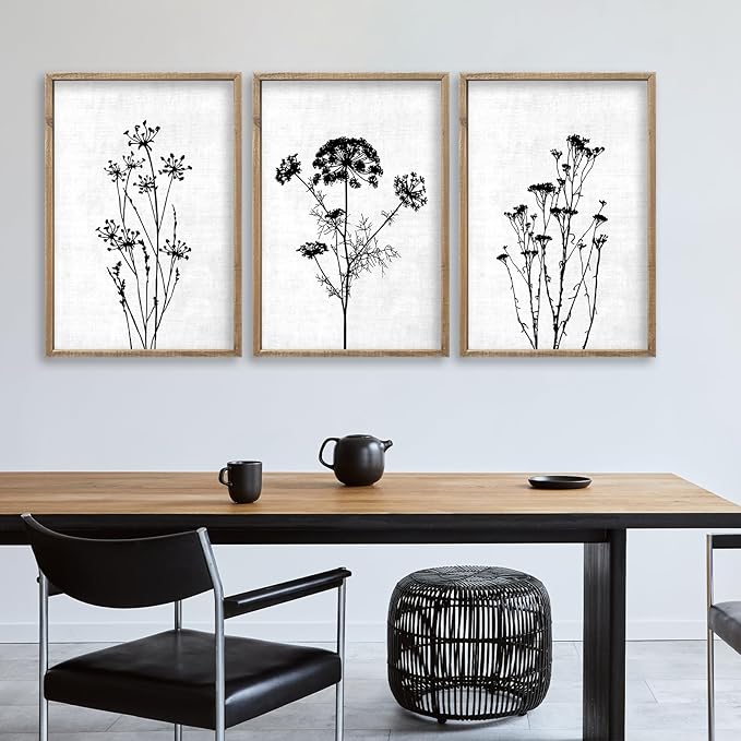 Flower Plant Wall Art Decor 16"x11" Set of 3 Black And White Botanical Painting Wood Framed For Minimalist Bedroom Office Rustic Living Room Abstract Wildflower Sign Hanging (Wood White)