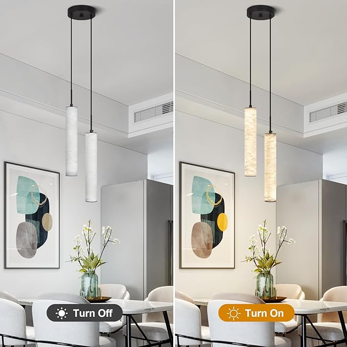 LMQNINE Natural Alabaster Pendant Lights for Kitchen Island White Marble Long Tube Chandelier Modern Black Ceiling Light Fixtures for Bedroom Dining Room Table Living Room Hallway(M-2Light)