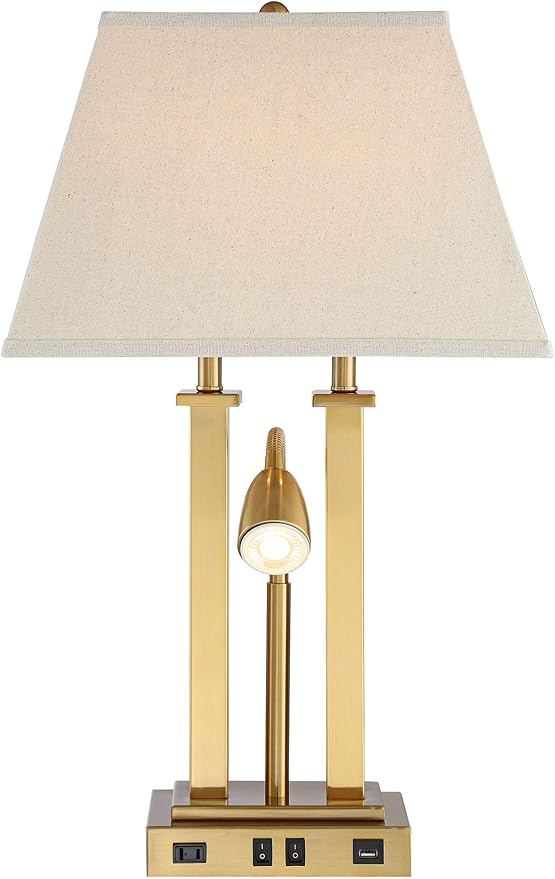 Possini Euro Design Deacon Modern Desk Table Lamp with USB and AC Power Outlet in Base LED Gooseneck 26" High Antique Brass Oatmeal Linen Drum Shade for Living Room Bedroom Bedside Nightstand