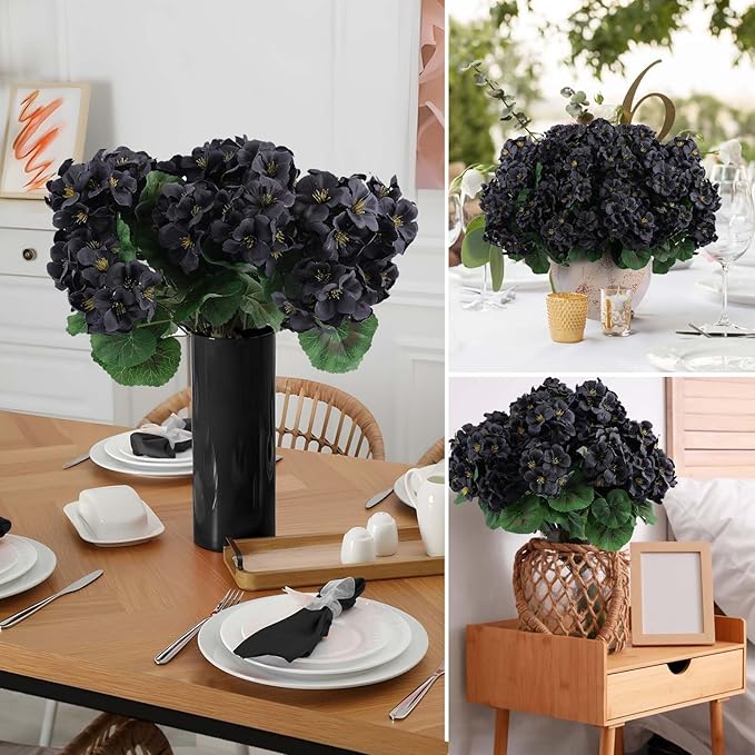 Hananona 12 Pcs Artificial Geranium Flowers for Outdoors Geranium Silk Flowers Outdoor UV Resistant Garden Plants Faux Black Flower for Home Kitchen Halloween Table Centerpieces Decor (12, Black)