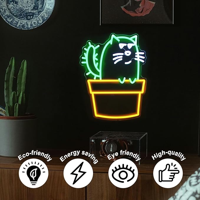 Cactus Cat Neon Sign Funny Animal LED Signs for Wall Novel Potted Plant Neon Light Dimmable Cartoon Neon Lights Signs for Bedroom Man Cave Porch Party Decor USB Powered