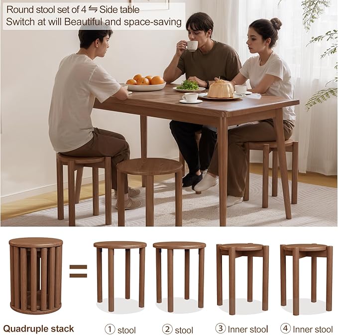 Stackable Stools Set of 4,4-in-1 Wood Stool,Round Wooden Stools with Anti-Slip Foot Pads for Kitchen,Bedroom,Living Room,Bar,No Assembly Required Durable and Space-Saving Design,18 inch (Natural)