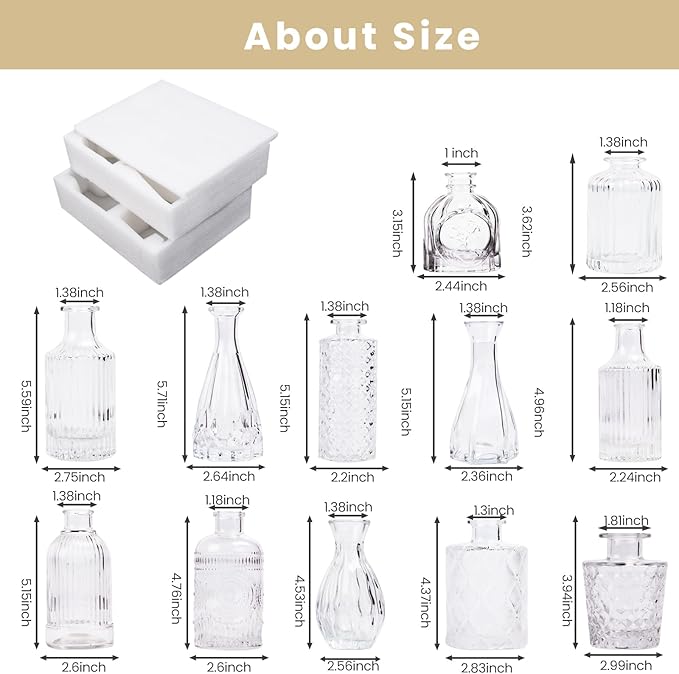 Glass Bud Vases Set of 12, Small Vases for Centerpieces, Vintage Mini Vases for Wedding Decor, Clear Glass Bud Vase in Bulk, Office and Home Table Flower Décor