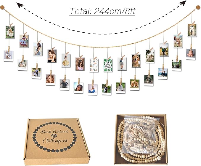 8 Feet Wooden Beads Garland with Clothespins Picture Cards Holder - Country Farmhouse Christmas Nursery Boho Holiday Decorations with Clips