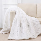 Bigacogo Chunky Knit Throw Blanket for Couch, 80x90 inches, 100% Hand Knitted with Thick Jumbo Chenille Yarn, Cozy Soft Large Rope Knot Cable Crochet Blankets for Sofa Bed Living Room, White