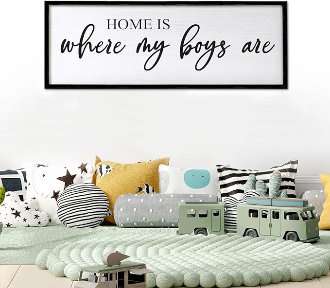 Home is Where My Boys are Sign Framed Wall Art, 32''×12'' Rustic Horizontal My Son Plaque with Black Frame for Baby Kid Boy Son Teen Toddlers Room, Horizontal Mom of Boys Gifts Nursery Decor