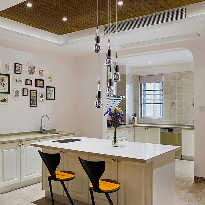 5-Light led Pendant Light, Dimmable Modern Pendant Light Kitchen Island Light Fixture Luxury Meteor Shower-Style Black Led Chandelier for Dinning Room, Kitchen Lighting Fixture