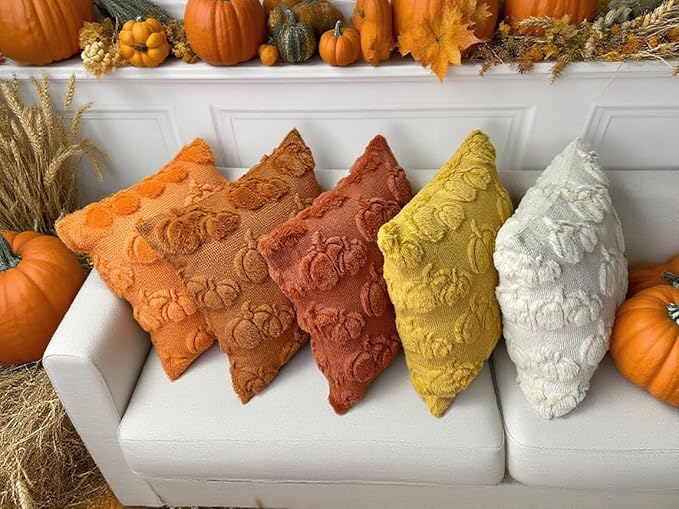 Booque Valley Fall Decorative Pillow Covers Set of 2 Soft Plush Faux Fur Wool Pumpkin Throw Pillowcases for Autumn Halloween Farmhouse Home Decor, 18 x 18 inch, Beige