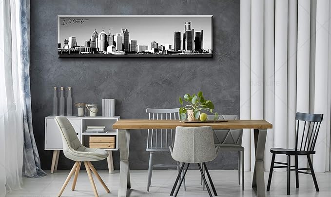 DJSYLIFE Detroit Skyline Wall Art Black and White Canvas Prints USA Skyscraper Panoramic Cityscape Picture for Bedroom Office Home Decoration Ready to Hang 13.8" x 47.3"