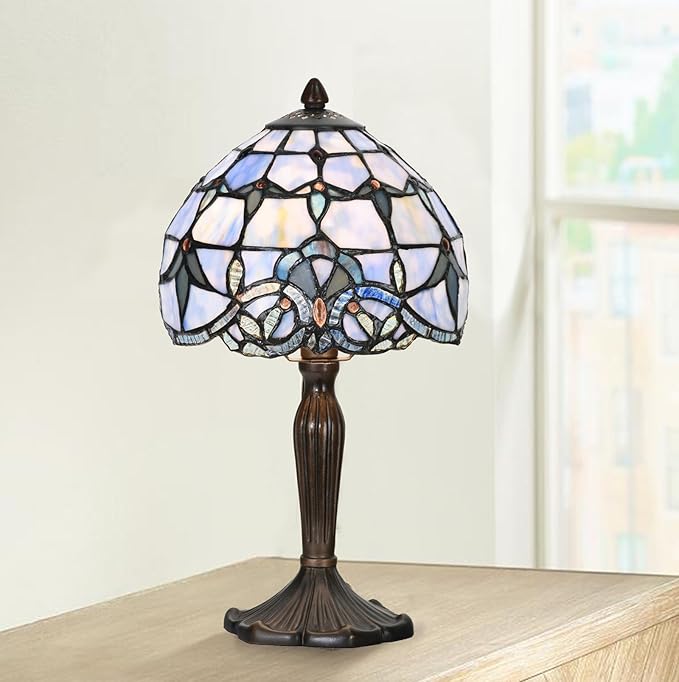 TL0006 Tiffany Lamp Baroque Design Stained Glass Table Lamp for Living Room Bedroom Bedside Nightstand Home Office, 8" D x 14.25" H, LED Bulb Included (Blue Baroque)