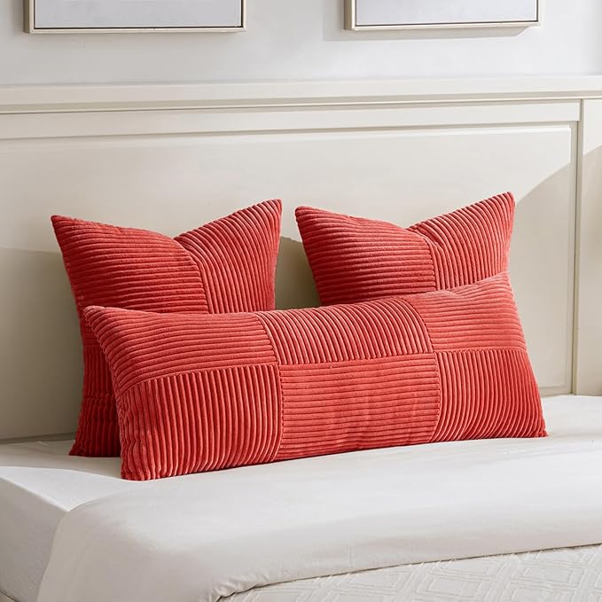 Fancy Homi 2 Packs Red Big Decorative Throw Pillow Covers 24x24 Inch for Couch Bed Sofa, Holiday Christmas Home Decor Gift, Soft Corss Corduroy Patchwork Accent Square Cushion Case 60x60 cm