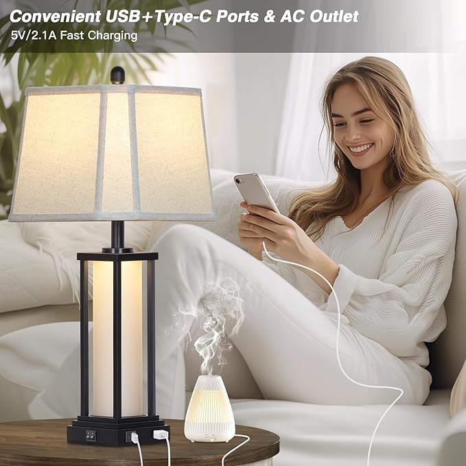 27" Tall Vintage Table Lamp Set of 2 with USB C+A & Outlet,Black Industrial End Table Lamp for Living Room,Farmhouse Rustic Bedside Lamps with Bell Lampshades for Bedroom Nightstand,Black