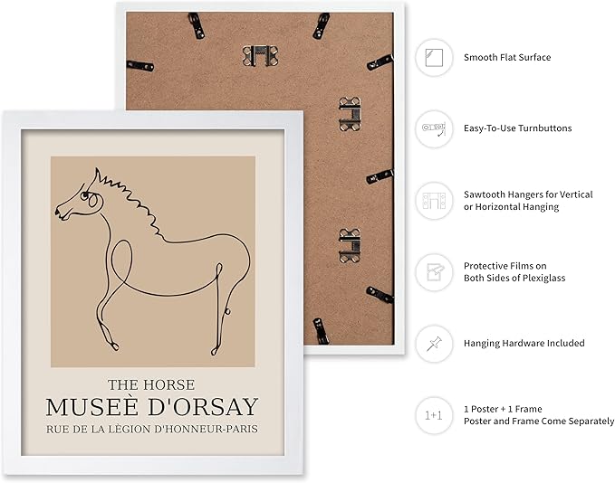 Poster Master Vintage Poster - Retro Minimalist Print - Gift for Artist, Friend - Horse, Line Drawing, Sketch, Abstract - Wall Decor for Living Room, Bedroom, 16x20 White Framed