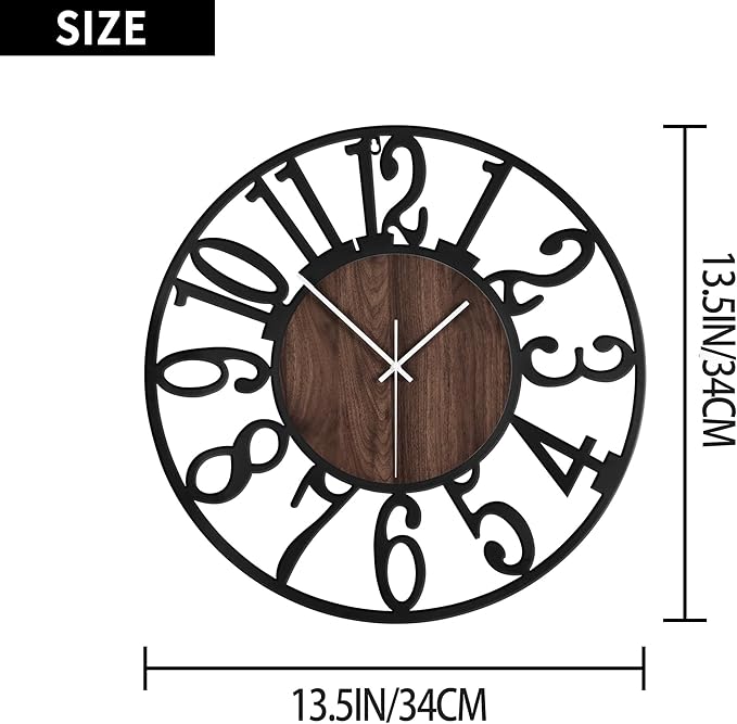 1st owned Wall Clock for Living Room -13" Silent Non Ticking,Battery Operated,Black Metal, Antique Wood Clocks for Farmhouse,Dining Room,Bedroom,Kitchen Clock Wall Decor- Arabic Numerals