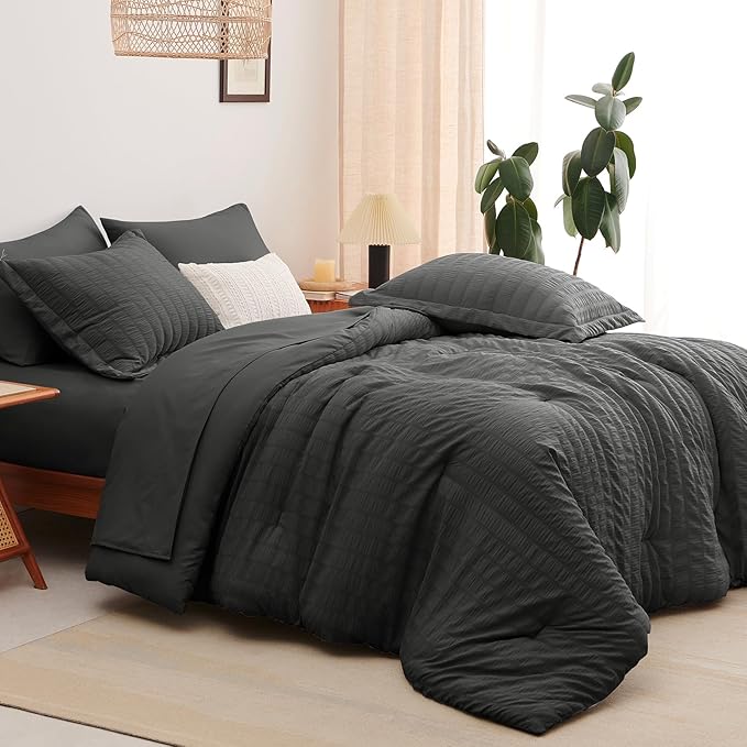 CozyLux Oversized King Comforter Set Dark Grey Seersucker 7 Pieces Bed in a Bag King Comforter Set with Sheets, Luxury Soft Bedding Set with Down Alternative Comforter, Sheets, Pillowcases & Shams