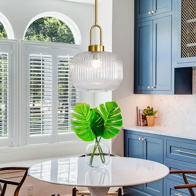 Modern Clear Glass Pendant Light Fixtures, Mid Century Pendant Lights for Kitchen Island, 9.8" Gold Adjustable Height Ceiling Hanging Light Fixtures for Dining Room Entryway Bedroom Foyer Hallway