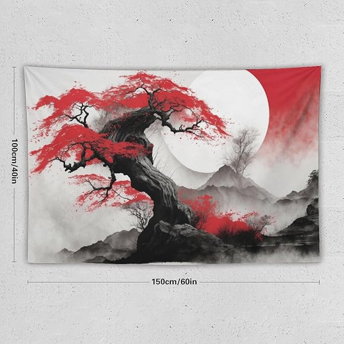 Cherry Blossoms Tapestry,Japanese Red Landscape Asian Watercolor Abstract Art Tapestry,Japanese Wall Tapestry, Nature Landscape Tapestries for Bedroom Living Room Decor 60"x40"