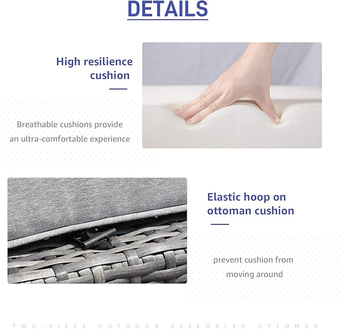 Patiorama 2 Pieces Assembled Outdoor Patio Ottoman, Indoor Outdoor All-Weather Grey Wicker Rattan Outdoor Footstool Footrest Seat with Light Grey Cushions, No Assembly Required