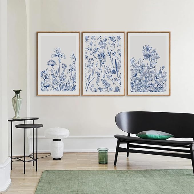 SIGNINART Classic Chinoiserie Botanical Framed Canvas Wall Art, Blue and White Floral Wall Decor, Minimalist Flower Artwork, Navy Blue Wildflower Art Painting for Bedroom Living Room Office 24"x36"x3