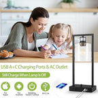 16" Set of 2 Industrial Table Lamps with USB A+C Charging Ports and AC Outlet, Fully Stepless Dimmable Bedside Lamps with Seeded Glass Shade for Bedroom Living Room Office, LED Bulbs Included