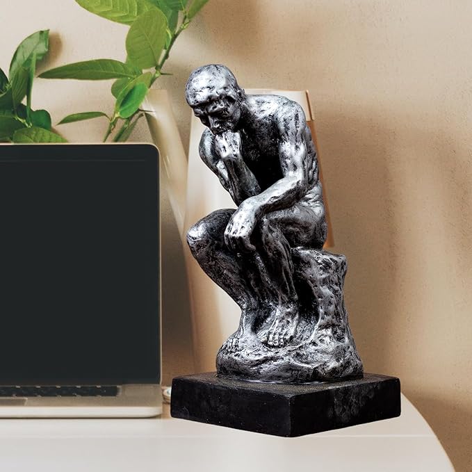 Thinking Man Statue, 9.5'' Famous Bronze Sculpture by Rodin, Nude Art Craft for Home Decor or Gift