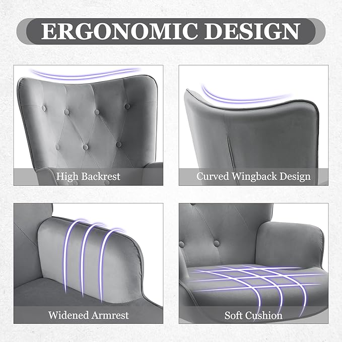 Furnimart Grey Velvet Accent Chair Mid Century Modern Living Room Chairs; Comfy Armchair Leisure Vanity Guest Wingback Chair for Office Study Vanity Bedroom Waiting Room