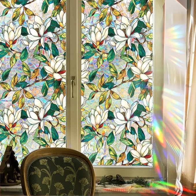 Window Film, Stained Glass Window Privacy Film, Rainbow White Flowers Double Sided Non-Adhesive Window Cling Stickers for Home Office Living Room Glass Windows Door Decor 16.93 x 39.37 Inch
