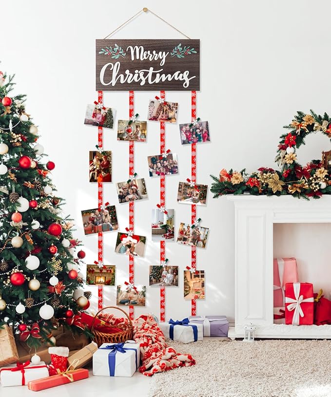 AKEROCK Christmas Card Holder Display, Christmas Wall Decor - Wooden Hanging Christmas Picture Frame with 30 Clips for Xmas Holiday Wall Door Window Home Décor