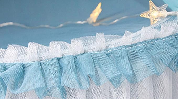 VETHIN Princess Bed Canopy for Girls,Bed Canopy Curtain- Double Layer Sheer Mesh Dome Bed Curtain- Round Lace Princess Mosquito Net Tent with led Stars String Lights(Blue/White)