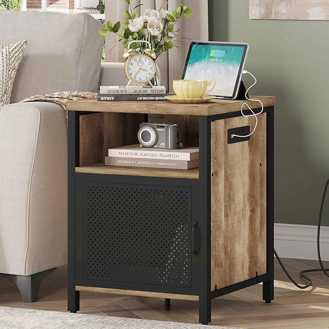 FATORRI End Table with Storage, Rustic Side Table for Living Room, Narrow Wood and Metal Bedside Tables with Door (Rustic Oak)