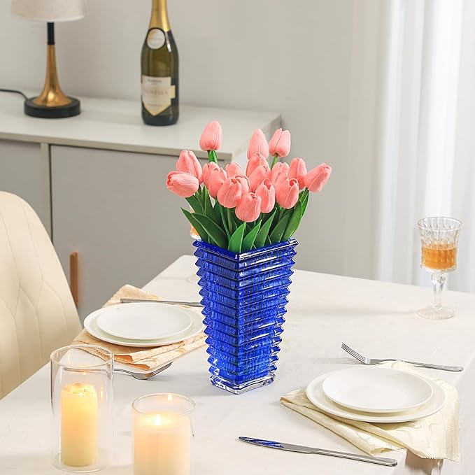 MCMCNCUIU Crystal Vase, Large Crystal Vases for Flowers, Blue Large Flower Vase, Modern Glass Vases for Living Room, Bedroom, Kitchen, Dining Table, Mantle, Wedding, 9 Inches