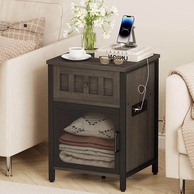 FATORRI End Table with Charging Station, Farmhouse Side Table with Drawer, Rustic Wood and Metal Nightstand and Bedside Tables for Living Room (Walnut Brown)