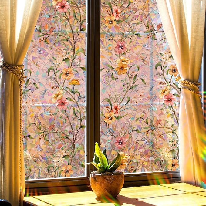 Stained Wildflower Window Film Decorative Flowers Static Glass Window Clings Stickers for Home Office Living Room Bedroom Glass Windows Door Decor 15.74 x 39.37 Inches
