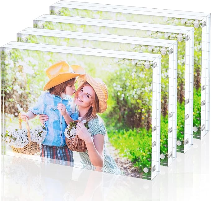 Acrylic Picture Frame, Clear Freestanding Double Sided 20mm Thickness Frameless Magnetic Photo Frames Desktop Display with Gift Box Package (5x7 4 pack)