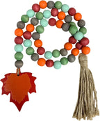 40" Handmade Farmhouse Bead Garland Wood with Tassel, Boho Chic Decorative String Beads Home Decor, Table Tiered Tray Country Wooden Accents (Autumn Joy: Grateful, Thankful, Blessed, 0.63" Diameter)